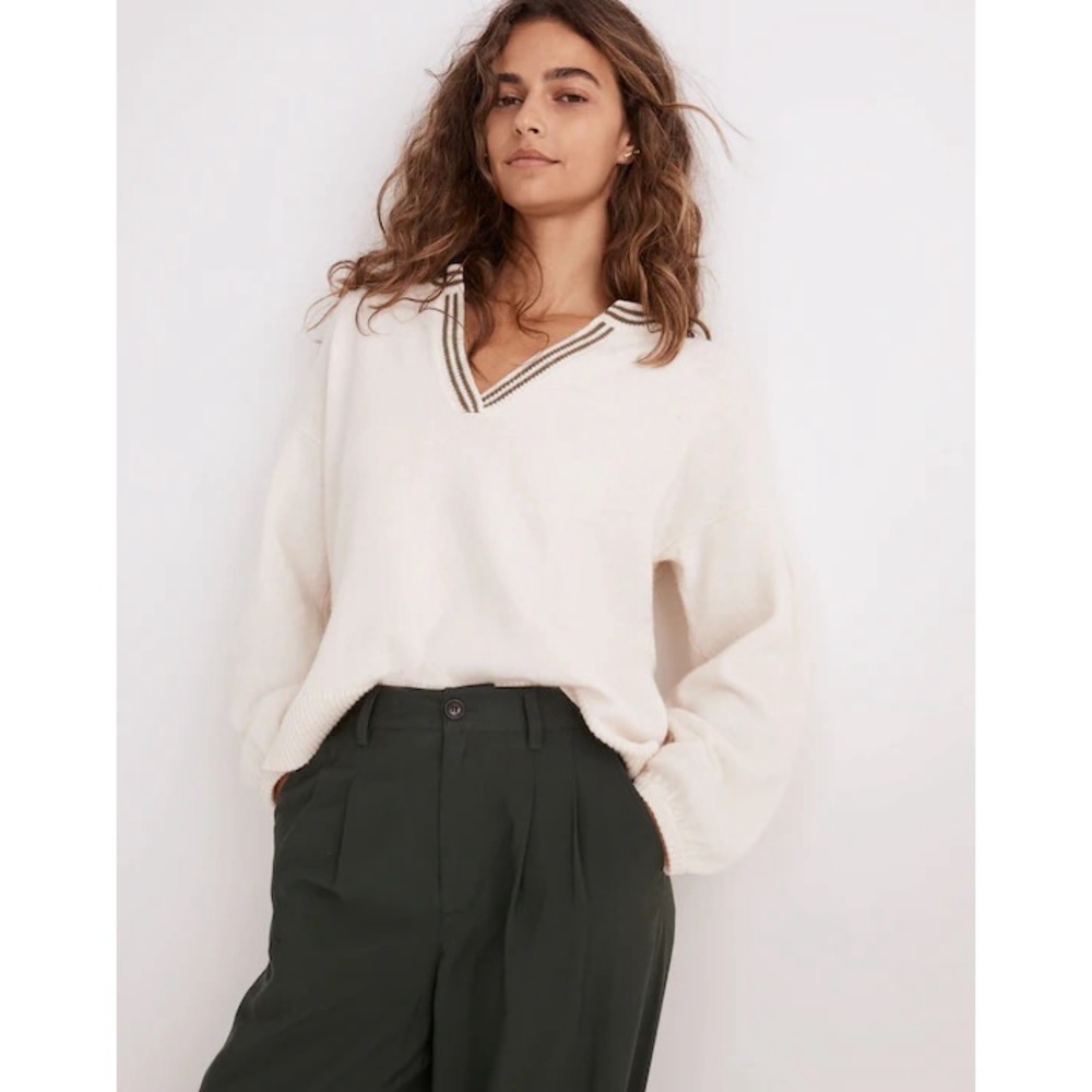 Madewell Cream V-Neck Sweater with Striped Trim